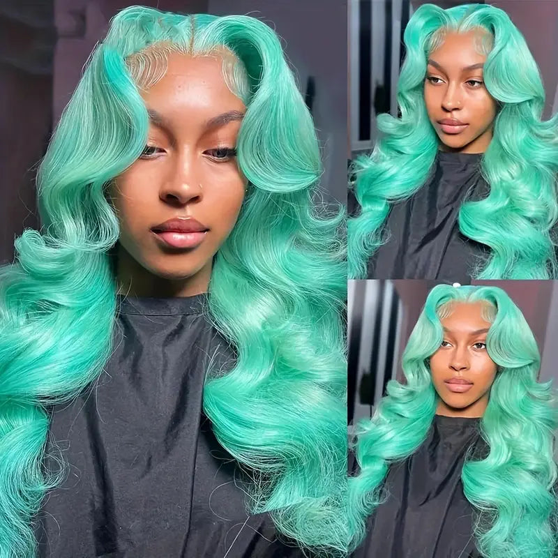 Light Blue Green Long Body Wave Lace Front Wig
