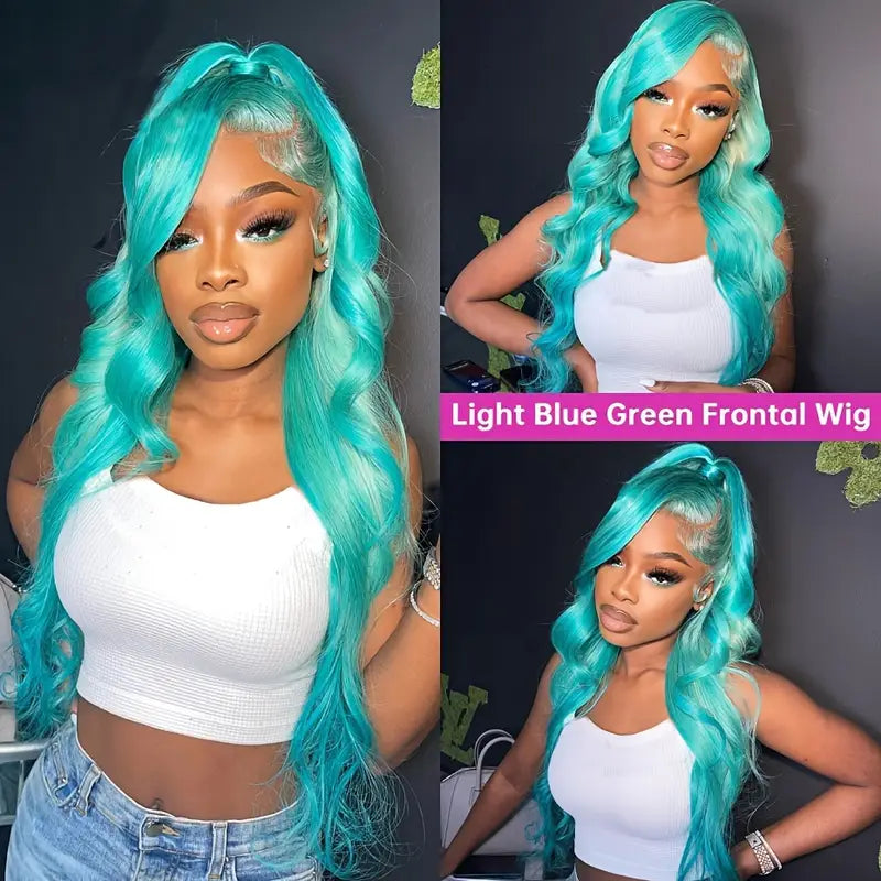 Light Blue Green Long Body Wave Lace Front Wig