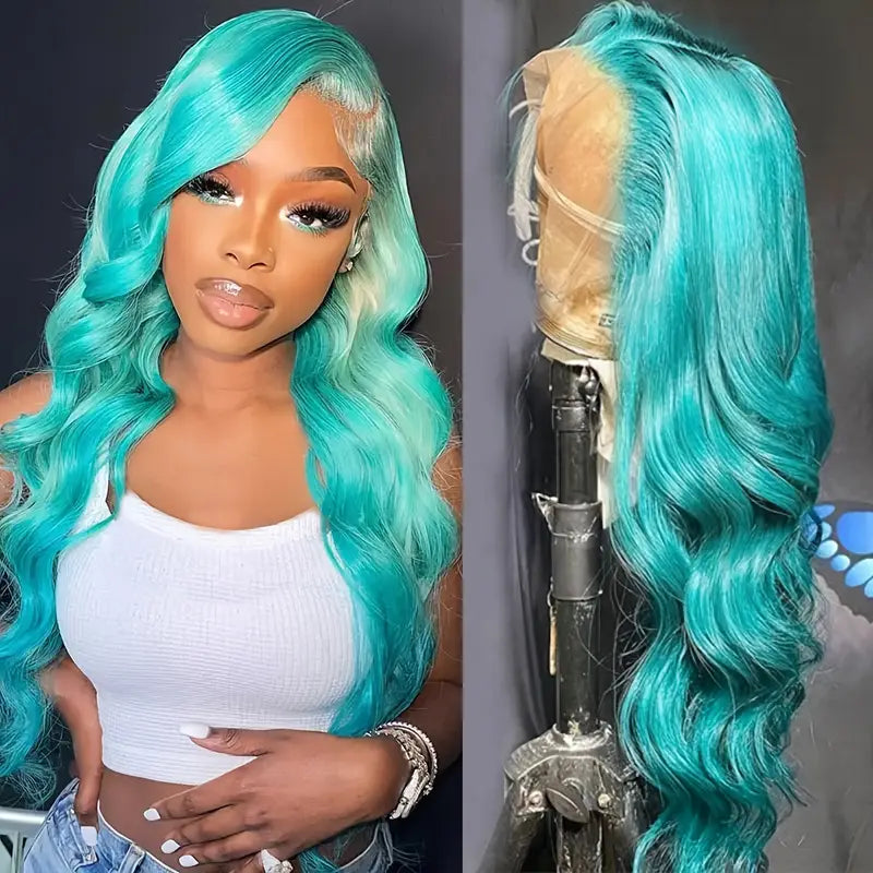 Light Blue Green Long Body Wave Lace Front Wig