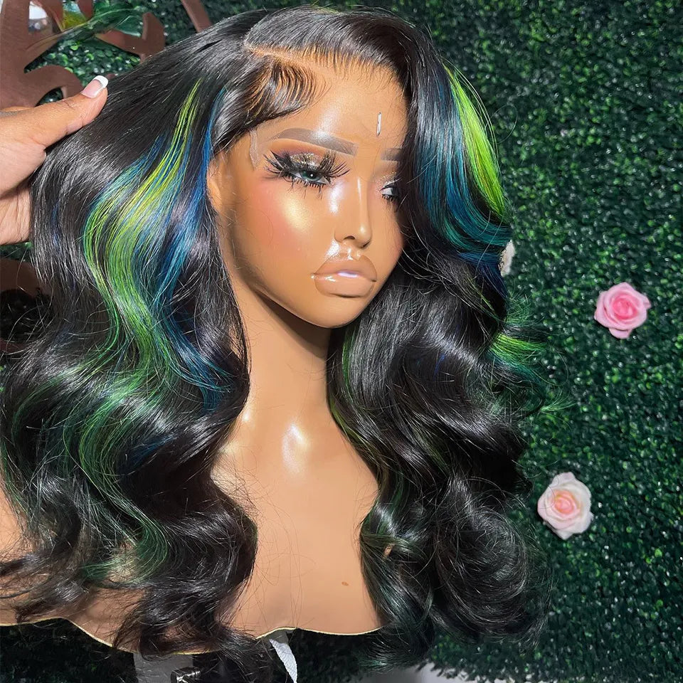 24inch Green & Blue Highlight Lace Front Brazilian Body Wave Wig
