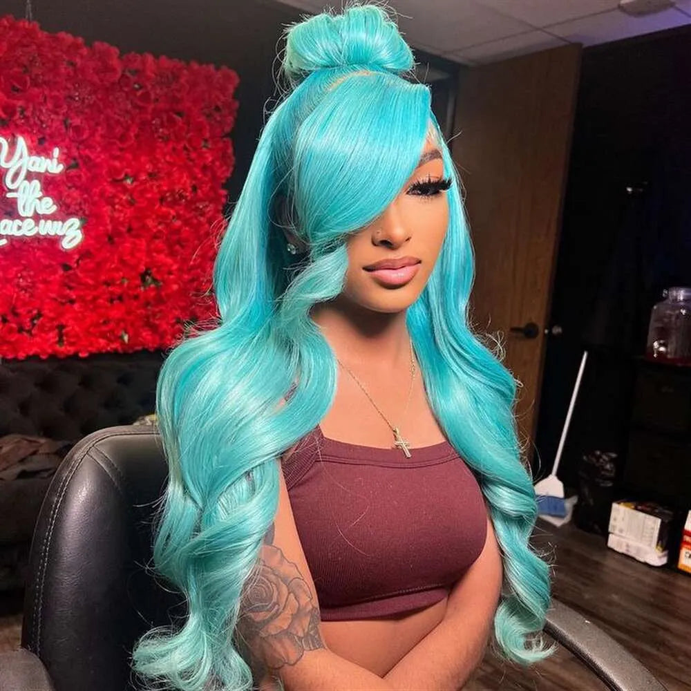 Light Blue Green Long Body Wave Lace Front Wig