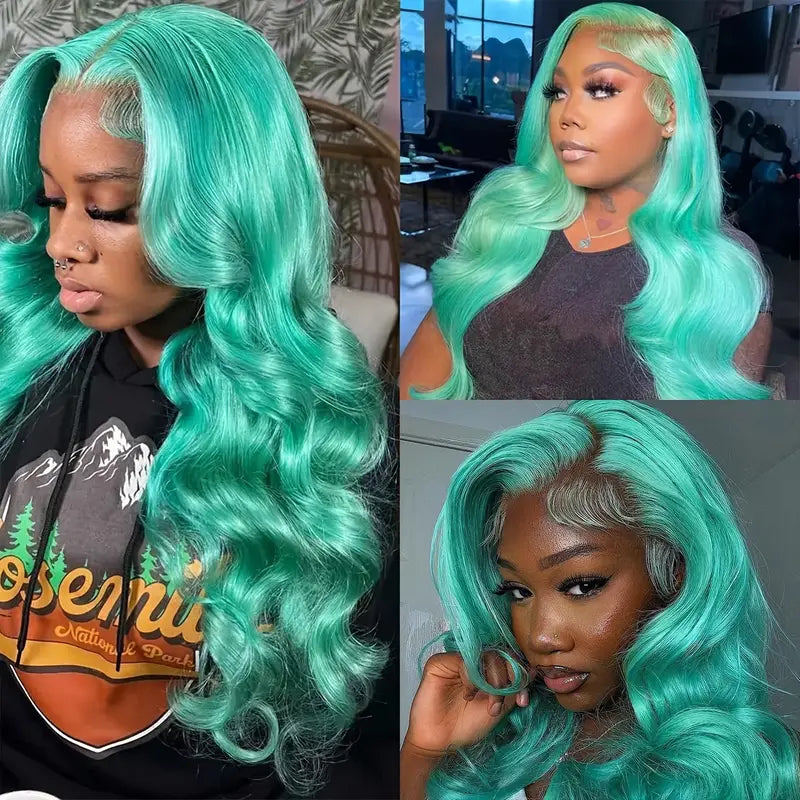 Light Blue Green Long Body Wave Lace Front Wig