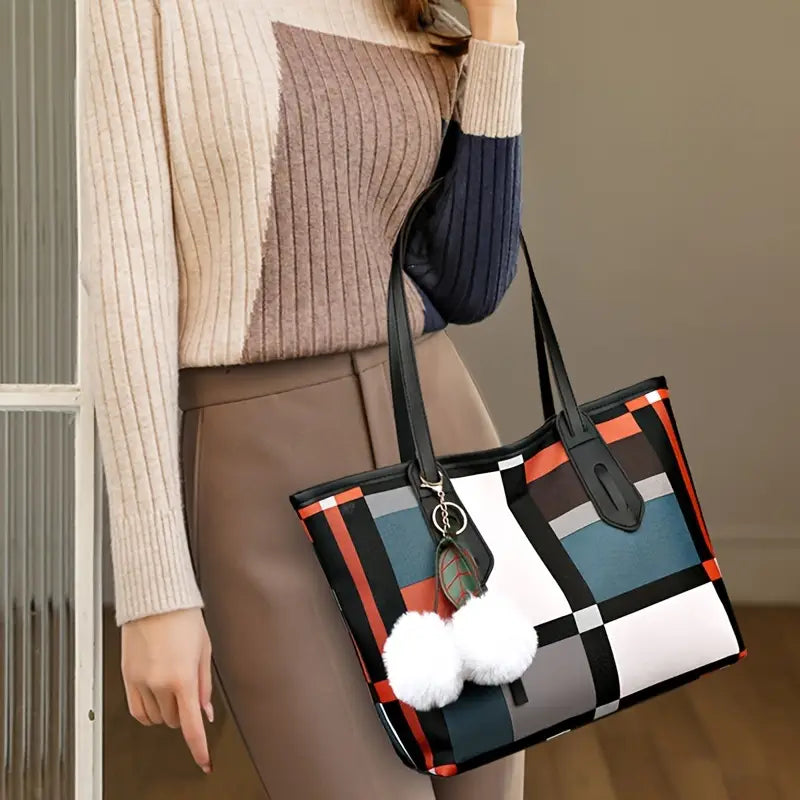 "Stylish lightweight plaid shoulder tote bag with soft fabric handles, zippered top, and roomy interior – perfect for daily use, errands, or casual outings."