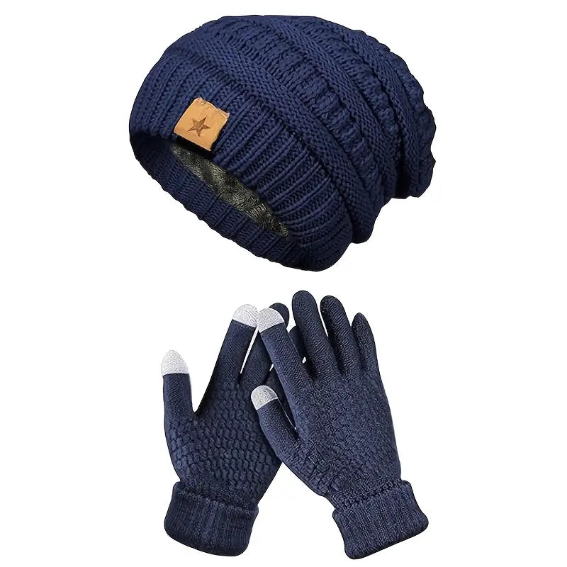 Men's Warm Fleece-Lined Knit Beanie and Gloves Set - Cozy Winter Accessories