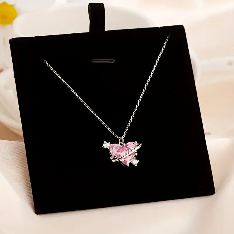 Cute Heart Planet Pendant Necklace, Sparkling Clavicle Chain