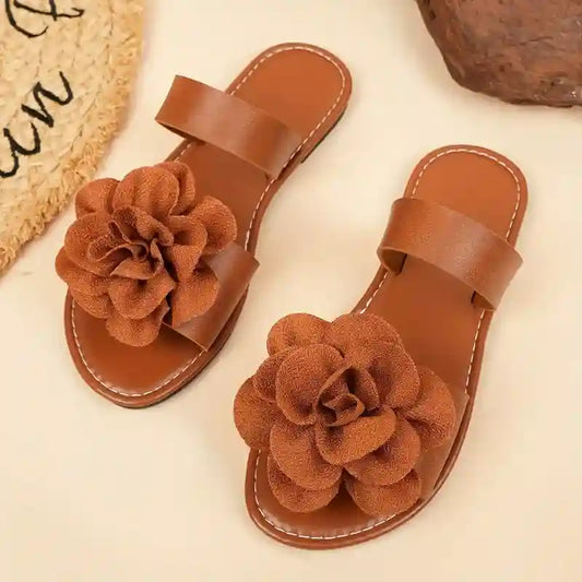 Women's Solid Color Large Flower Trendy Slip-On Flat Slippers - Comfortable Summer Slides