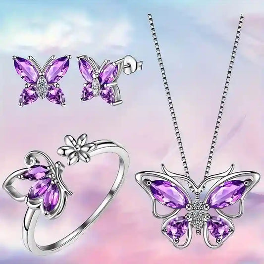 Butterfly Birthstone Jewelry Set – 925 Sterling Silver Necklace, Earrings, or Ring Gift