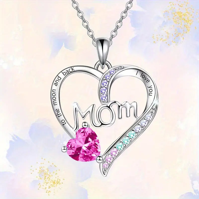 “I Love You Mom” Heart Pendant Necklace – Elegant Gift Pink