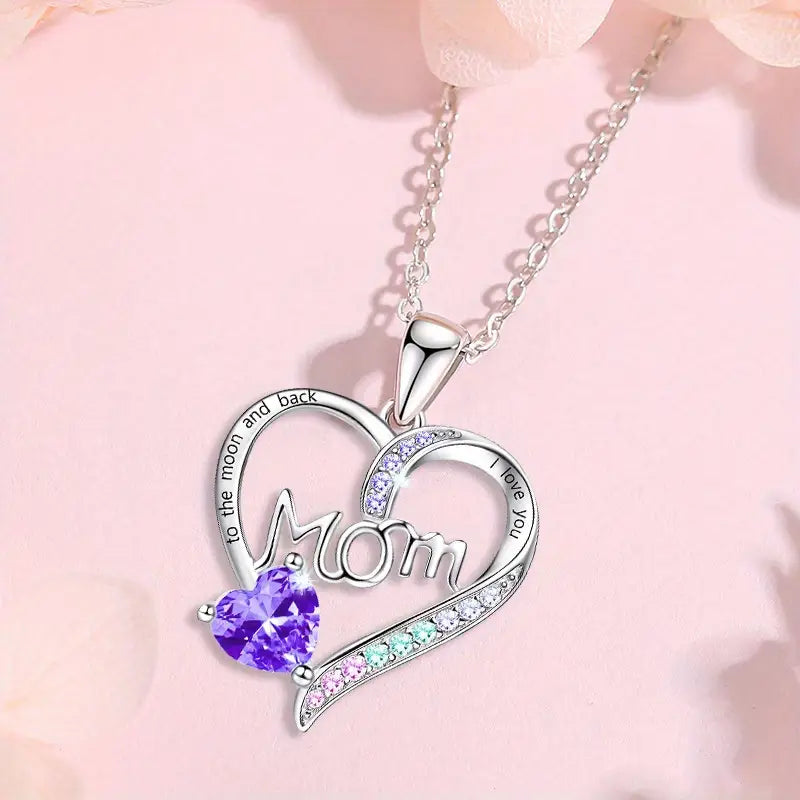 “I Love You Mom” Heart Pendant Necklace – Elegant Gift Purple