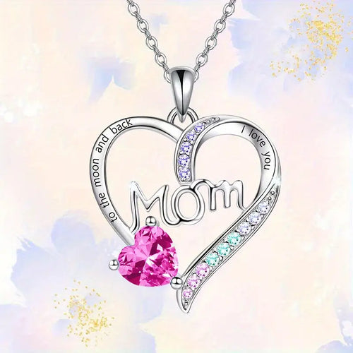 Halskette mit Herzanhänger „I Love You Mom“ – Acryl-Akzente, Legierungskette, weiß K-plattiert – Perfektes Schmuckgeschenk für Frauen