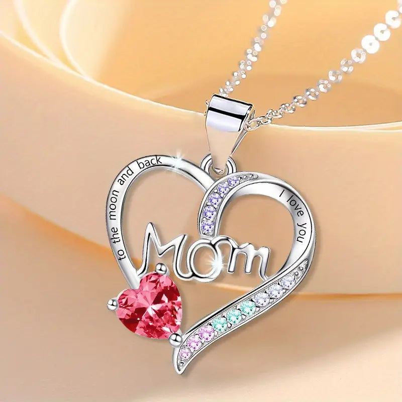 “I Love You Mom” Heart Pendant Necklace – Elegant Gift Red