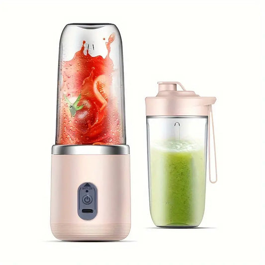 Personal blender with a clear container filled with a red smoothie, next to a pink lid and green smoothie on a white background.