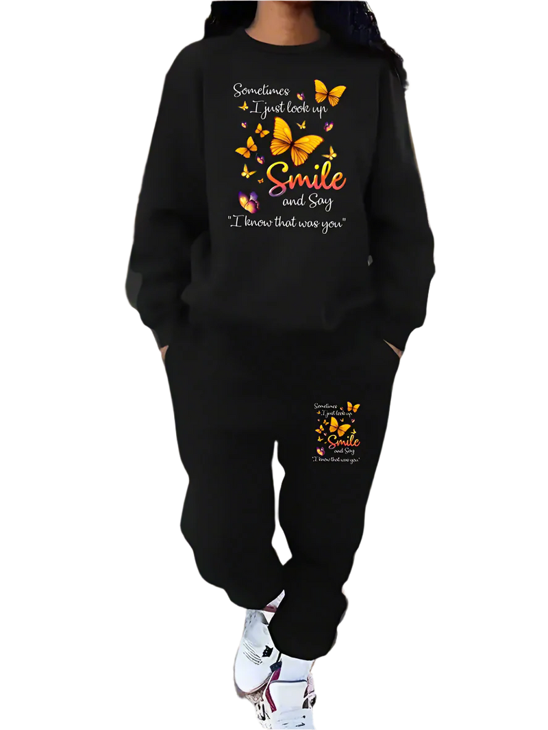 Plus Size Fashion Fleece-Lined Sweatshirt Set Black 4XL