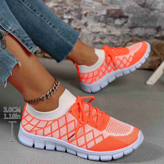 Breathable Knit Sneakers - Stylish Orange & White Lace-Up Running Shoes with Non-Slip Sole