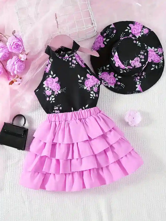 Girls Floral Halter Top, Skirt & Hat – 3PC Summer Set | Adorable Kids Outfit