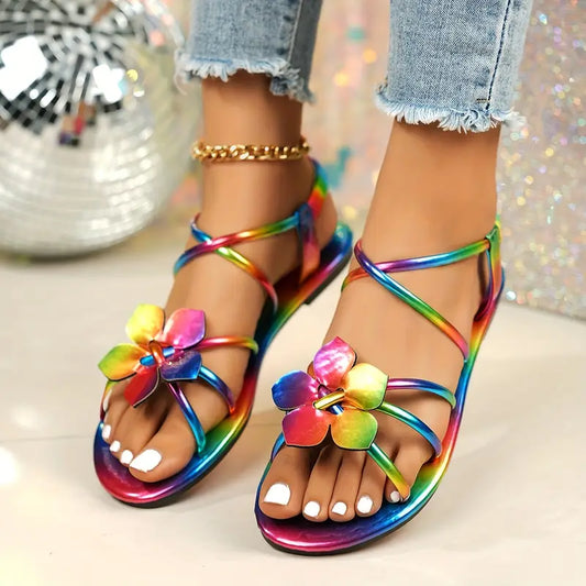 Rainbow Floral Flat Sandals – Retro Cross-Strap Style