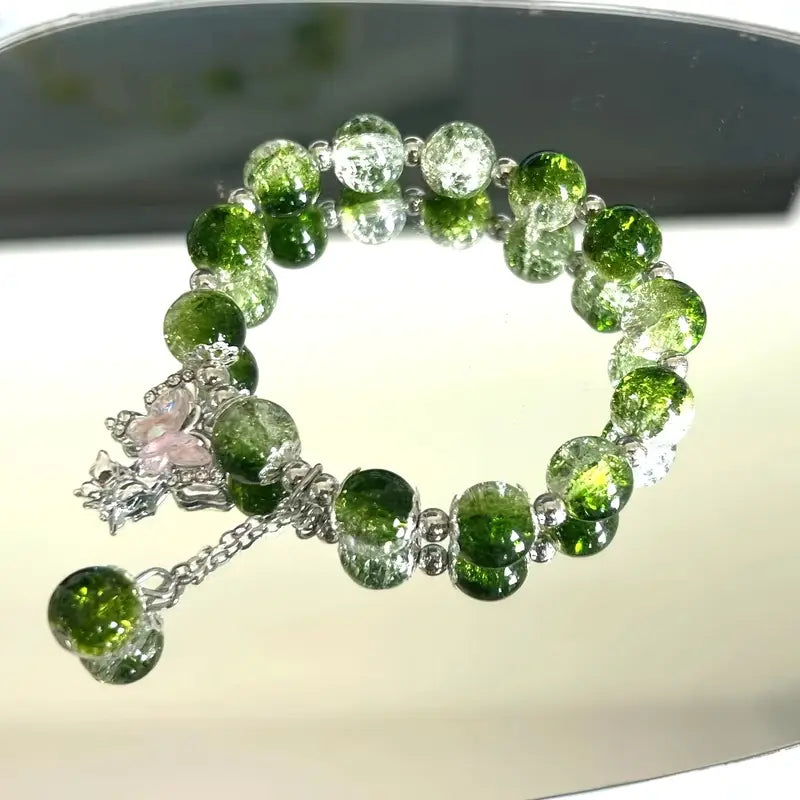 Sweet Butterfly Glass Bead Bracelet – Chic Ice-Cracked Green
