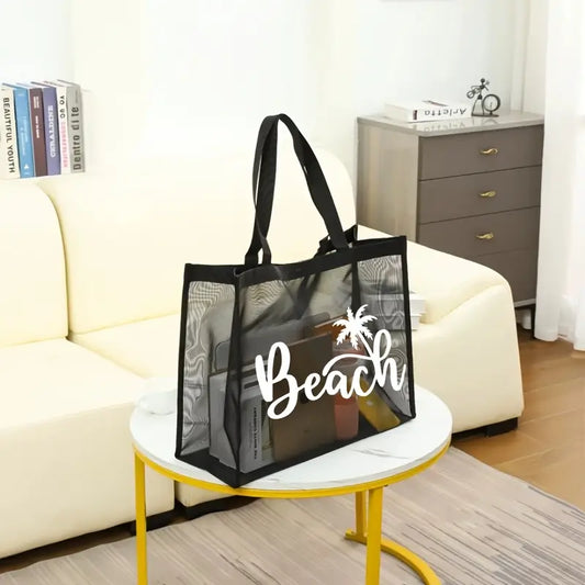 Mesh Beach Tote Bag with Palm Print