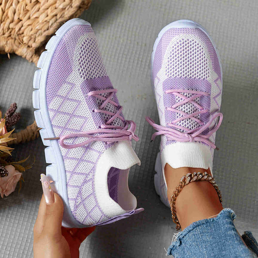 Breathable Knit Sneakers - Stylish Orange & White Lace-Up Running Shoes with Non-Slip Sole