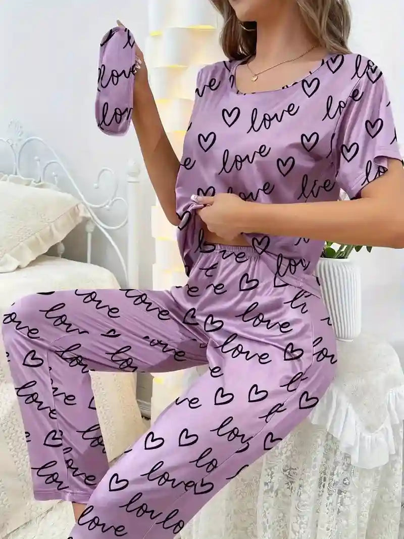Women's Heart Print Pajama Set w/ Eye Mask - Rose Red
