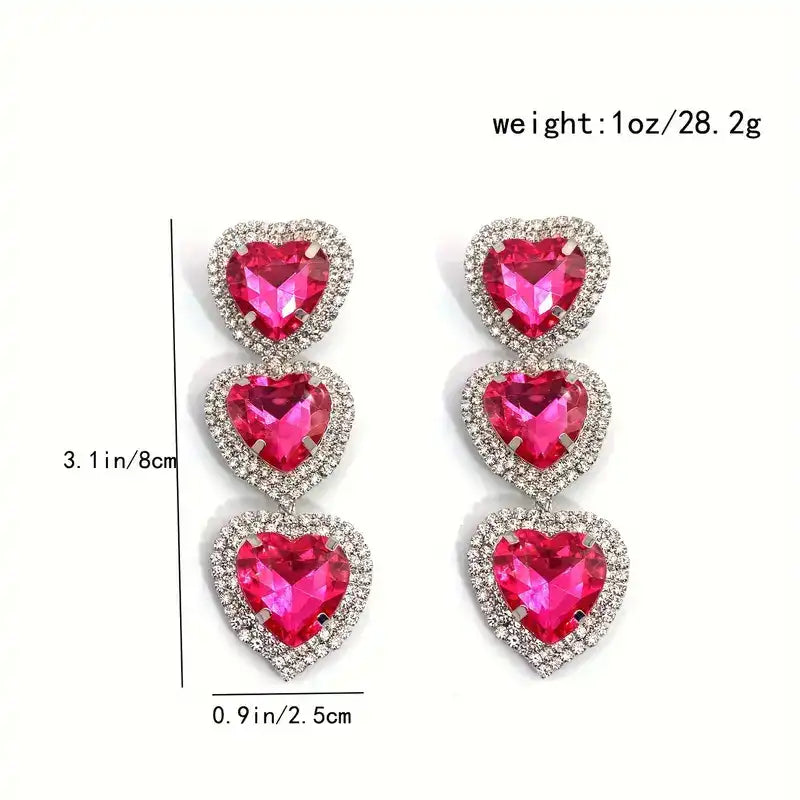 Pink Heart Crystal Drop Earrings - Sparkly Rhinestone Studs for Women