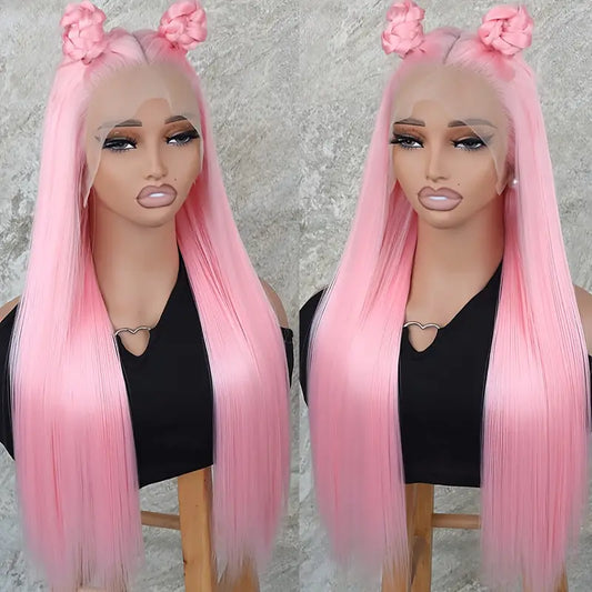 26" Long Pink Lace Front Synthetic Wig