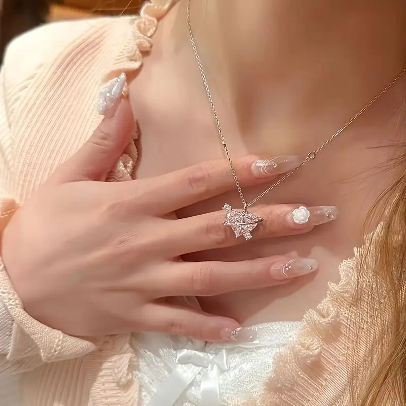 Cute Heart Planet Pendant Necklace, Sparkling Clavicle Chain