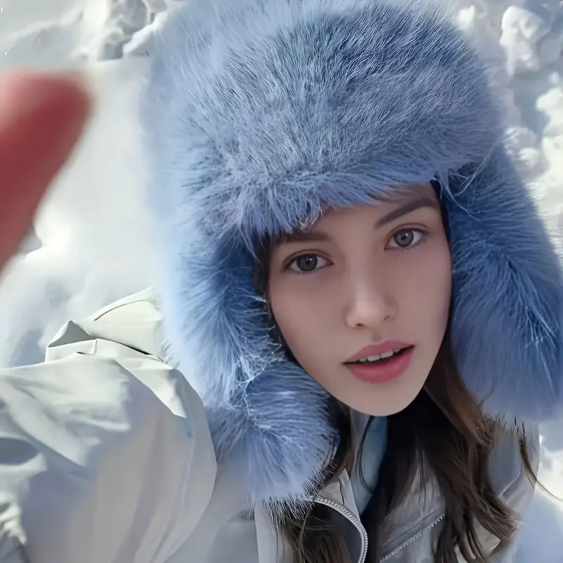 Vintage Fleece-Lined Bomber Hat – Warm Winter Ear Flaps Blue