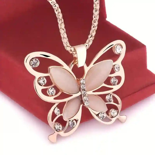 2pcs Rose Gold Opal Butterfly Pendant Necklaces – Elegant Charm Jewelry Set