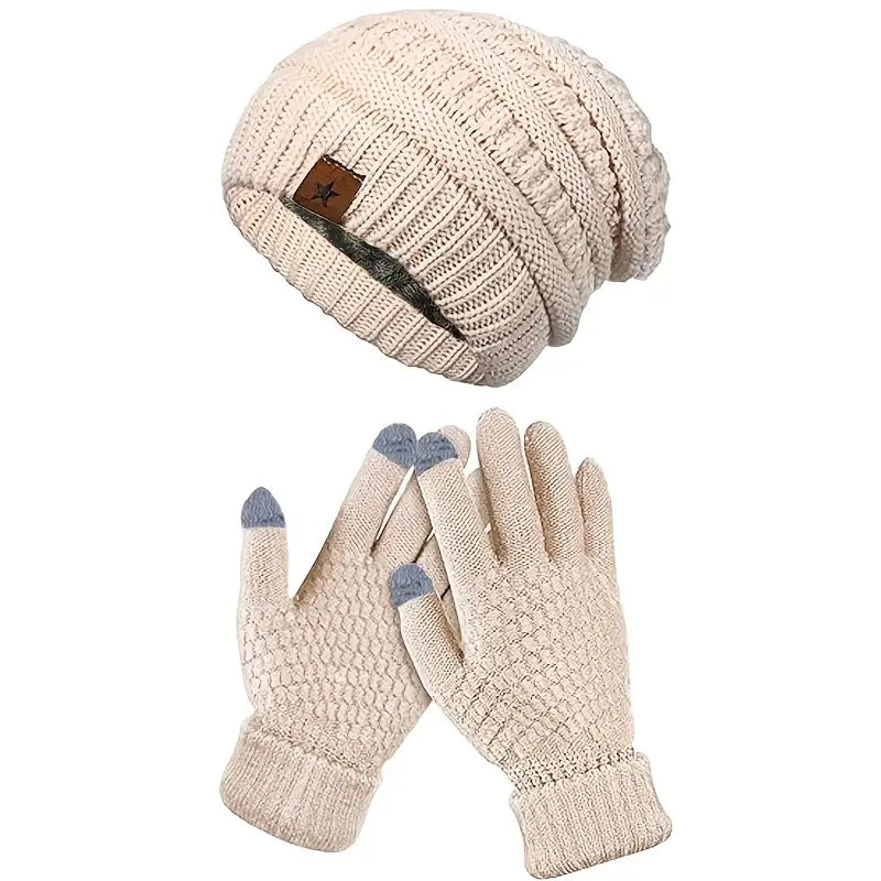 Men's Warm Fleece-Lined Knit Beanie and Gloves Set - Cozy Winter Accessories