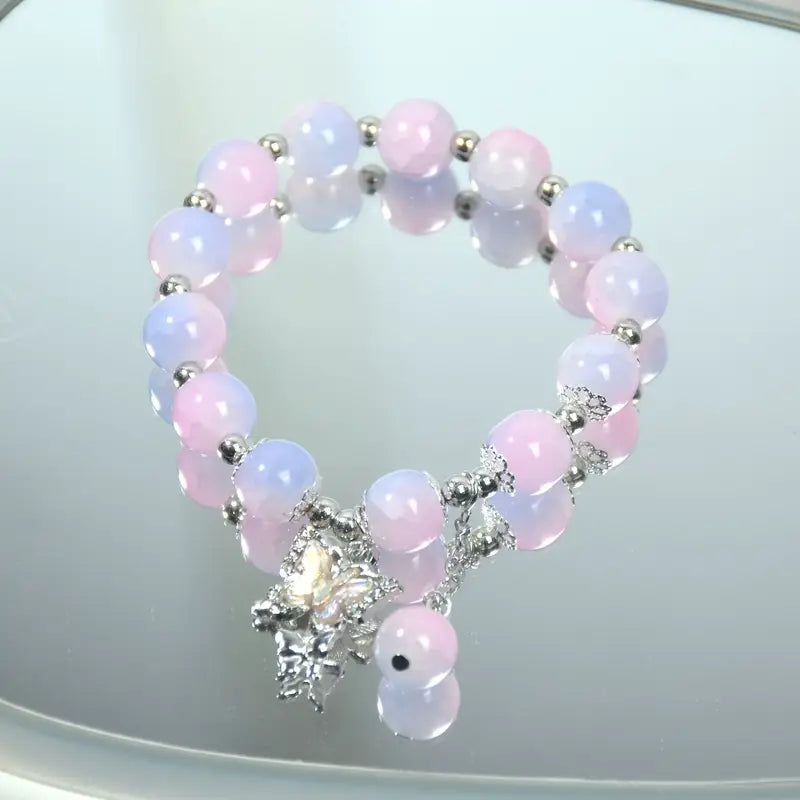 Sweet Butterfly Glass Bead Bracelet – Chic Ice-Cracked Pink