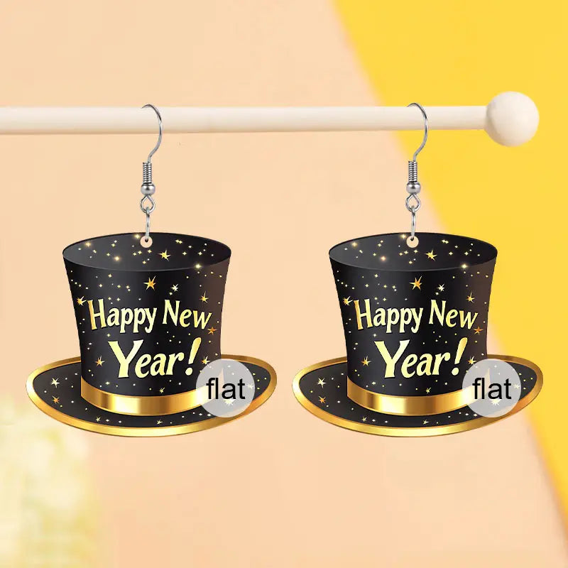 2025 Happy New Year Black Top Hat Acrylic Earrings for Women - Festive & Stylish