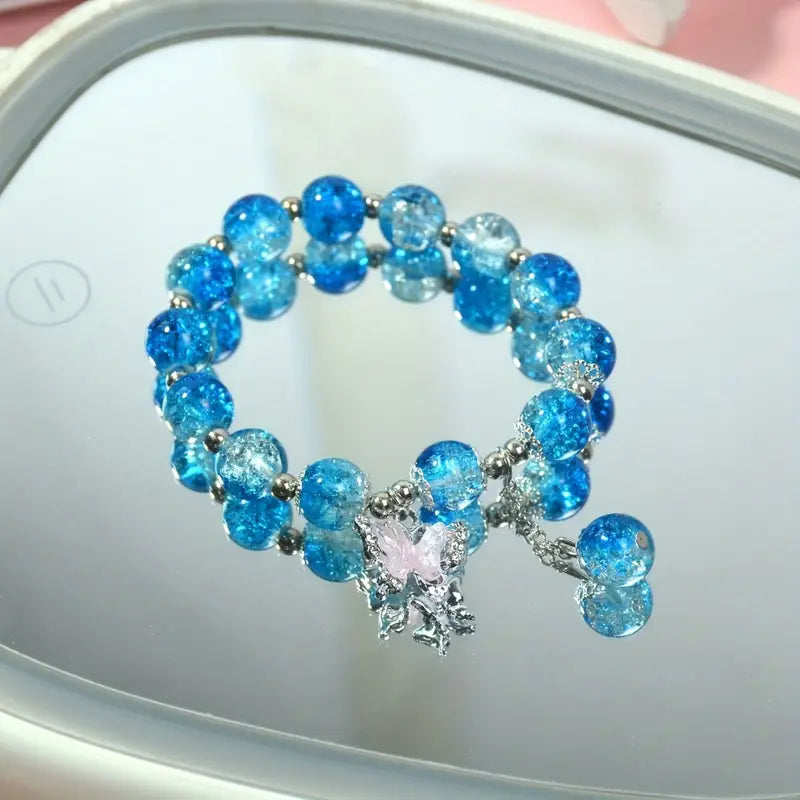 Sweet Butterfly Glass Bead Bracelet – Chic Ice-Cracked Blue