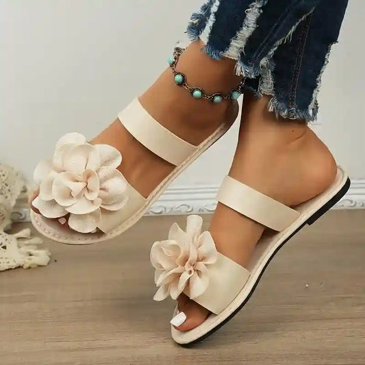 Women's Solid Color Large Flower Trendy Slip-On Flat Slippers - Comfortable Summer Slides