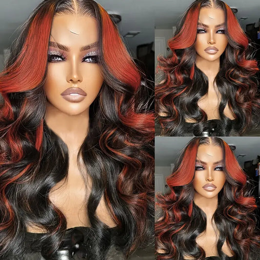 28" Ombre Black Body Wave Wig – Ginger Highlights, Human Hair Wig