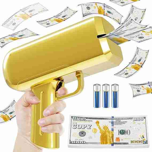 Gold money gun with dollar bills and batteries on a white background