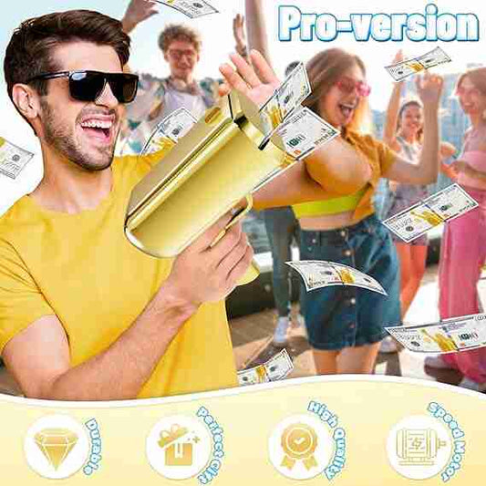 Man holding a large gold money dispenser with people in the background, labeled 'Pro-version'.