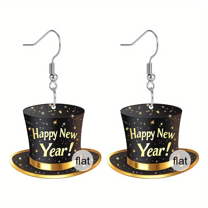 2025 Happy New Year Black Top Hat Acrylic Earrings for Women - Festive & Stylish