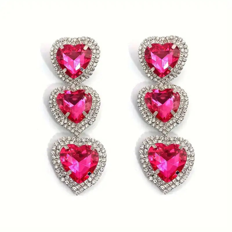 Pink Heart Crystal Drop Earrings - Sparkly Rhinestone Studs for Women