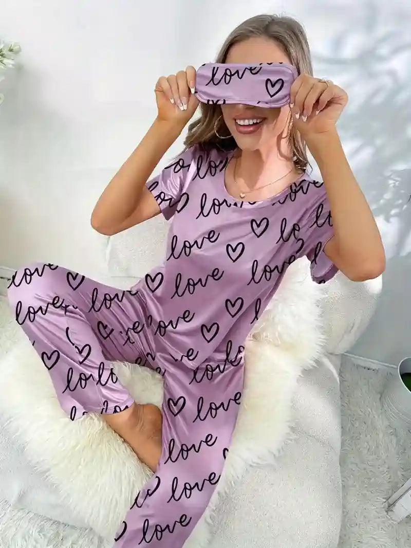 Women's Heart Print Pajama Set w/ Eye Mask - Rose Red
