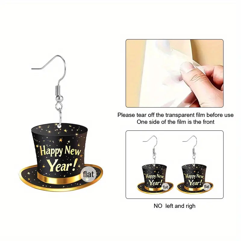 2025 Happy New Year Black Top Hat Acrylic Earrings for Women - Festive & Stylish