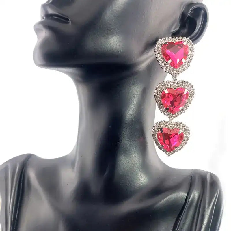 Pink Heart Crystal Drop Earrings - Sparkly Rhinestone Studs for Women