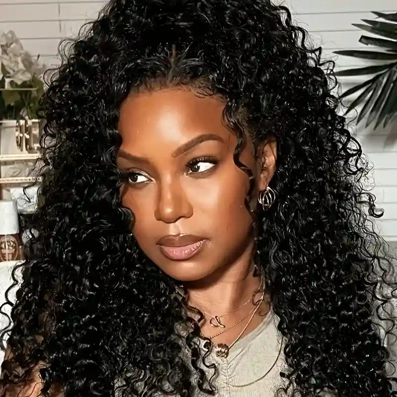 360 Lace Front Deep Curly Wig - 200% Density Natural Black Human Hair