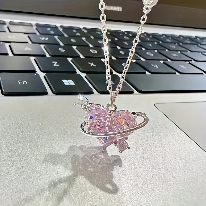 Cute Heart Planet Pendant Necklace, Sparkling Clavicle Chain