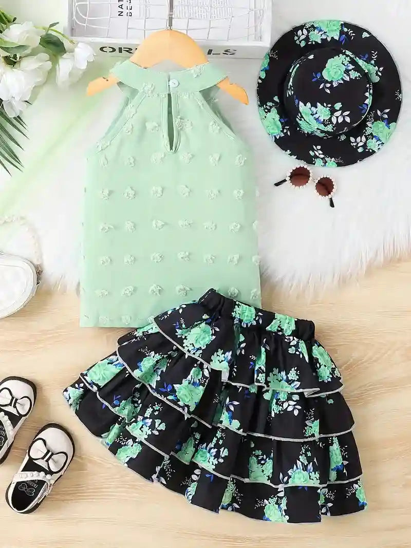 Green top and black floral skirt set with accessories on a light wooden surface.
