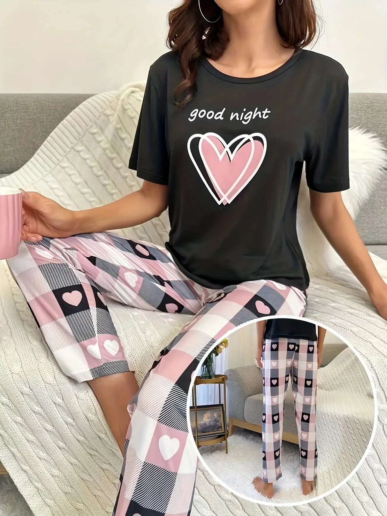womens-heart-letter-print-pajama-set-tee-plaid-pants