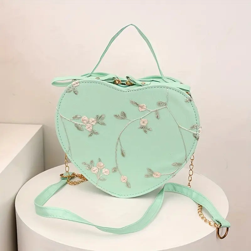 Chic Heart-Shaped Floral Crossbody Bag – Cute & Trendy Purse Green