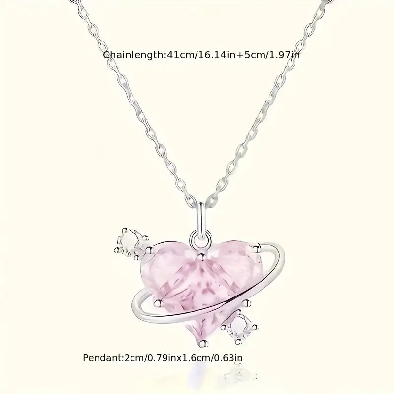 Cute Heart Planet Pendant Necklace, Sparkling Clavicle Chain