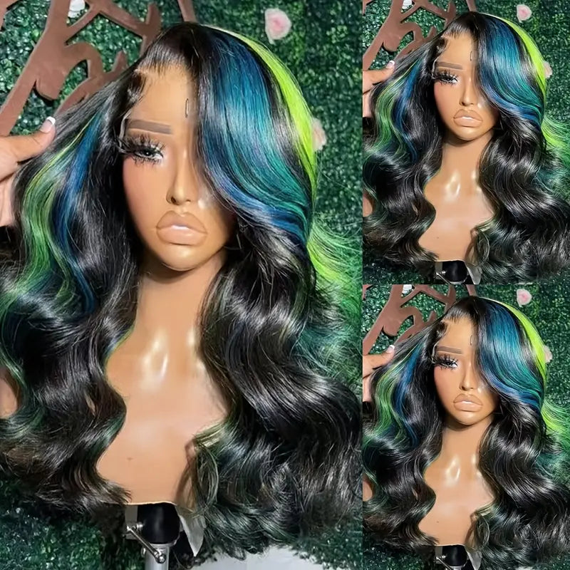 24inch Green & Blue Highlight  Lace Front Brazilian Body Wave Wig