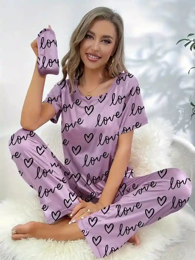 Women's Heart Print Pajama Set w/ Eye Mask - Rose Red